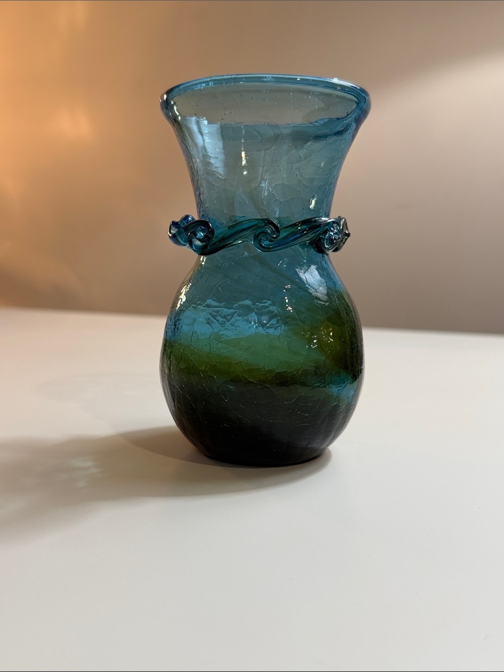 Vintage blue / brown  Crackle Glass Handblown Art Glass Small Vase